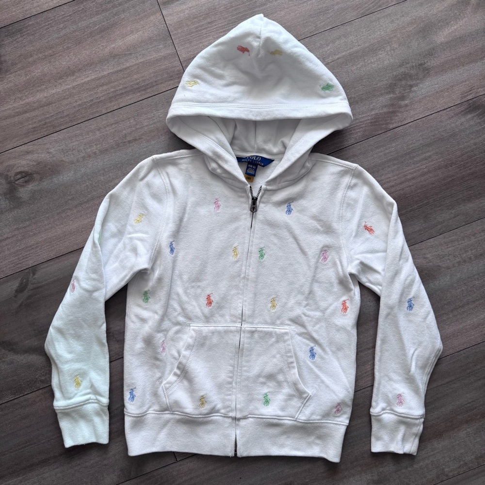 Ralph Lauren Girls Zip Up Hoodie Pony Rainbow Embroidered Logos Size 8-10 White